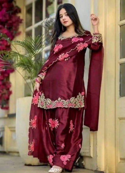 Women's Maroon Embroidered Satin Farshi Salwar Suit Set