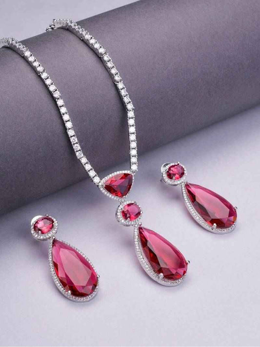 Sapphire Glow American Diamond Necklace Set Red