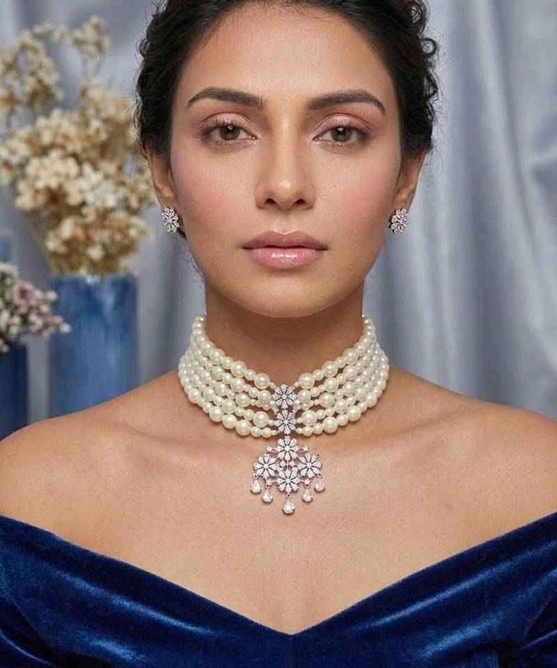Multi Layer Pearl Choker Necklace Set with Floral Crystal Pendant
