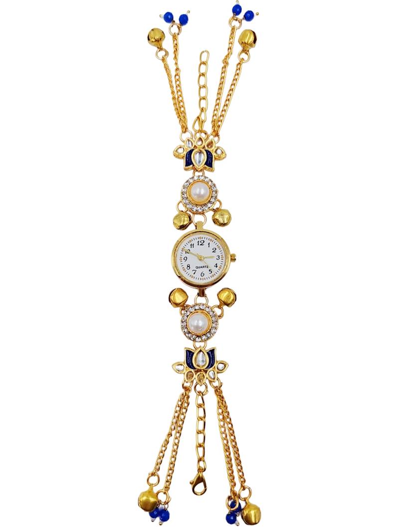 Aarna Gold Plated Pearl Stone Studded Wrist Watch Blue