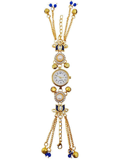 Aarna Gold Plated Pearl Stone Studded Wrist Watch Blue