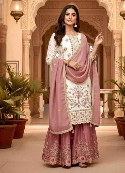 White & Pink Floral Embroidered Sharara Suit