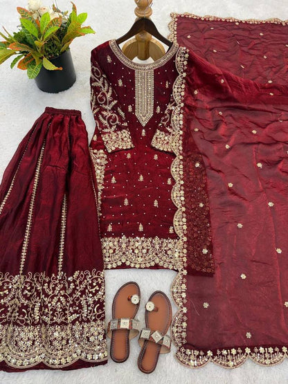 Women's Maroon Heavy Embroidered Sharara Set
