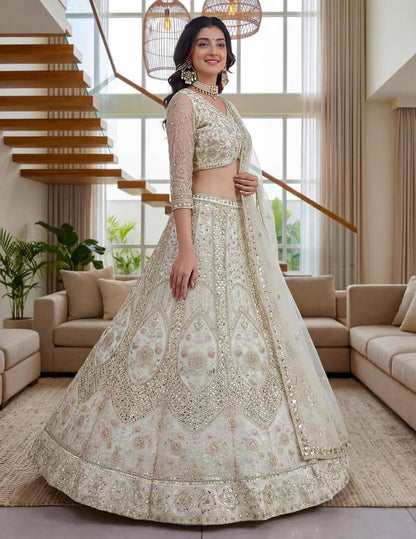 Women's Cream Net Embroidered Lehenga Choli Set