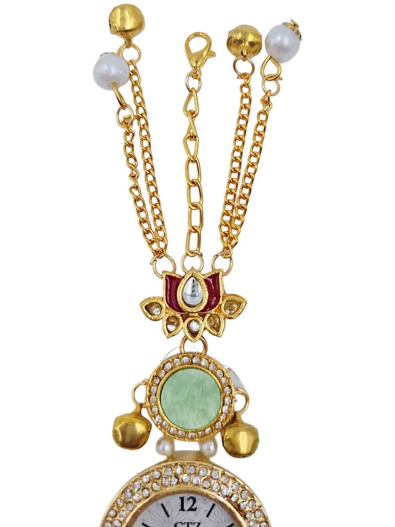 Aarna Gold Plated Pearl Stone Studded Wrist Watch Green