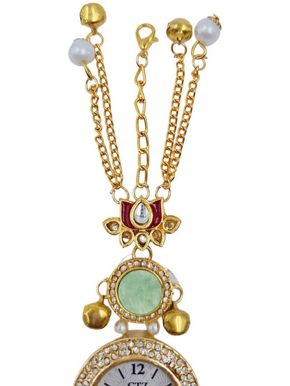 Aarna Gold Plated Pearl Stone Studded Wrist Watch Green