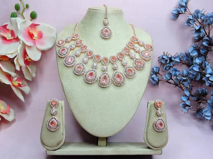 Jewel Studio Rose Gold Plated Necklace Set With Earrings And Maang Tikka