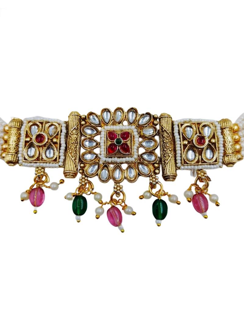 Aarna Gold Plated Kundan Meenakari Choker Necklace Set Multicolor