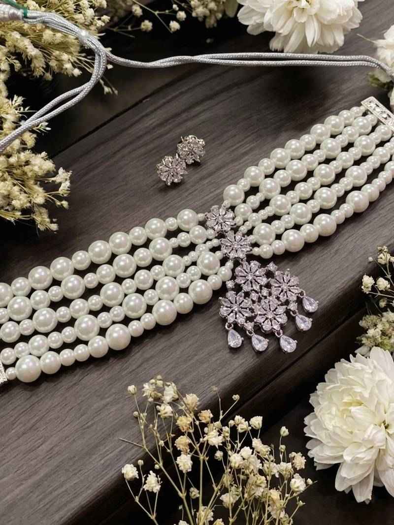 Multi Layer Pearl Choker Necklace Set with Floral Crystal Pendant