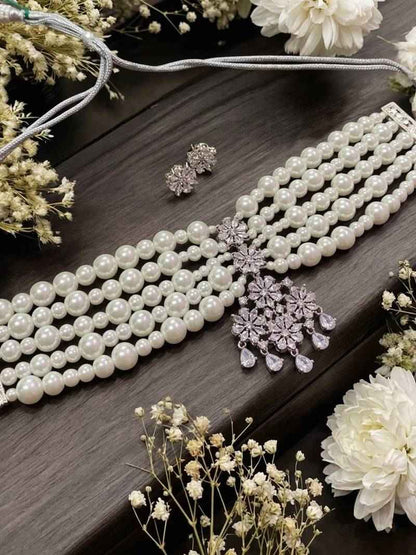 Multi Layer Pearl Choker Necklace Set with Floral Crystal Pendant