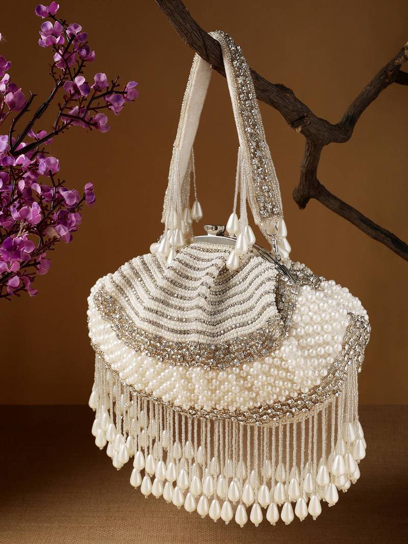 Pearl White and Silver Pearl Embellished Velvet Clutch