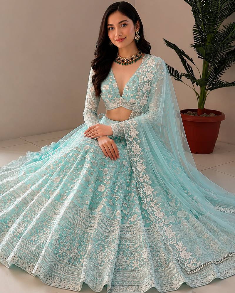 Women's Sky Blue Net Zari Embroidery Lehenga Choli Set