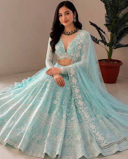 Women's Sky Blue Net Zari Embroidery Lehenga Choli Set