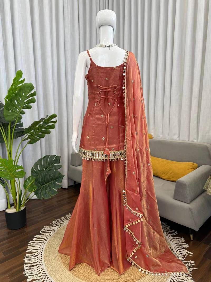 Rust Orange Fendy Silk Plazzo Suit Set With Mirror Work