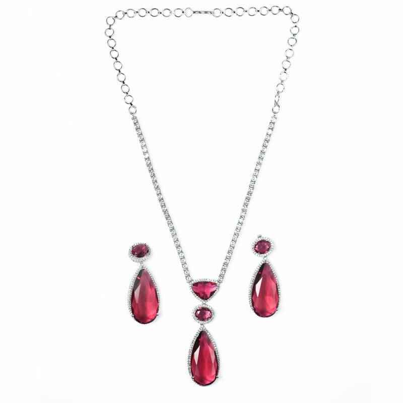 Sapphire Glow American Diamond Necklace Set Red
