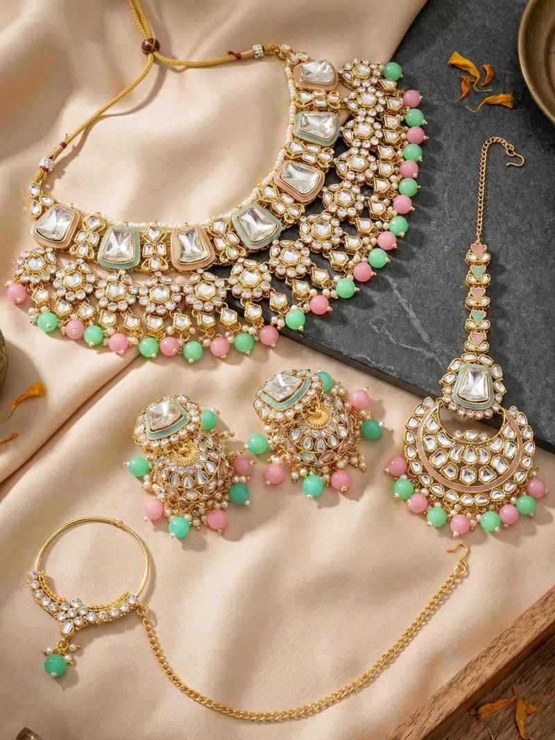 18 Kt Gold Plated Pink Mint Kundan Bridal Necklace Set with Tikka & Nath