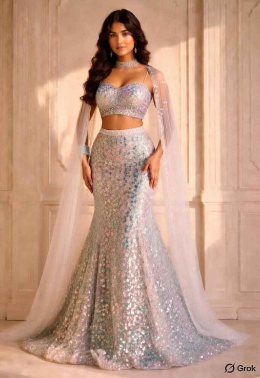 White Heavy Sequin Mermaid Cut Wedding Lehenga with Sweetheart Neck Blouse