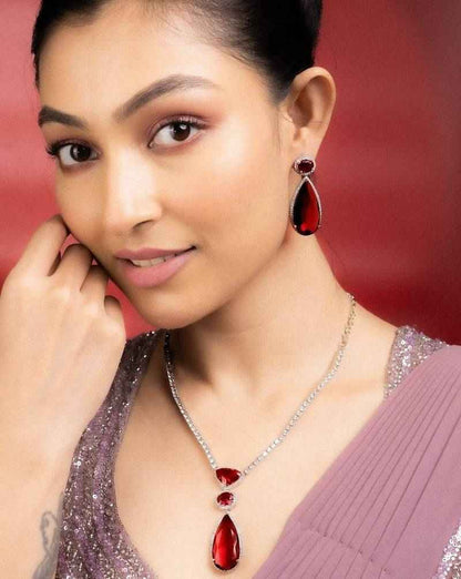 Sapphire Glow American Diamond Necklace Set Red