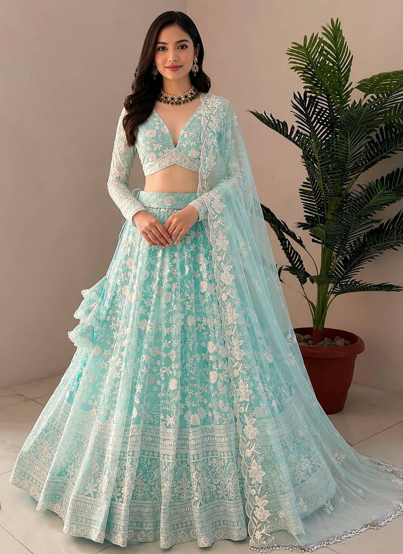 Women's Sky Blue Net Zari Embroidery Lehenga Choli Set