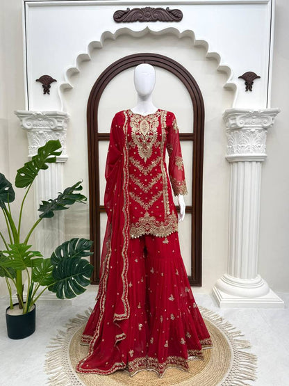 Women's Red Faux Georgette Embroidered Sharara Suit Set with Dupatta