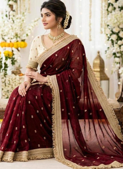 Women's Satin Silk Blend Sequin Embroidered Saree with Blouse
