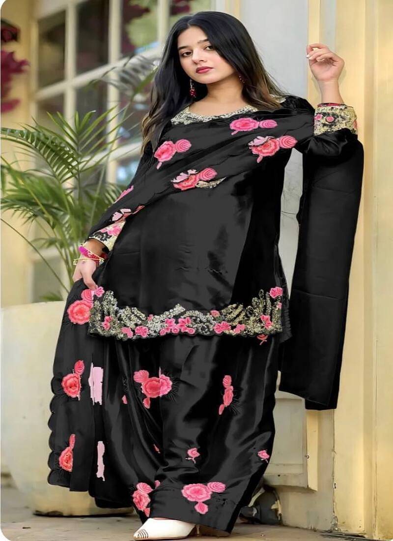 Women's Black Embroidered Japan Satin Farshi Salwar Suit Set