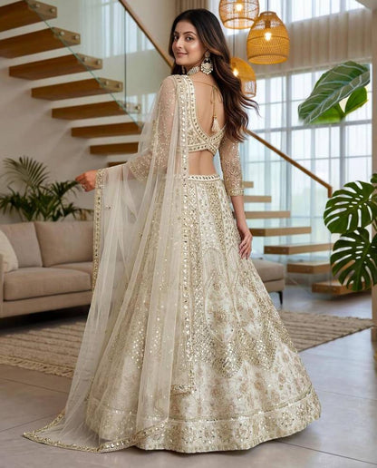 Women's Cream Net Embroidered Lehenga Choli Set