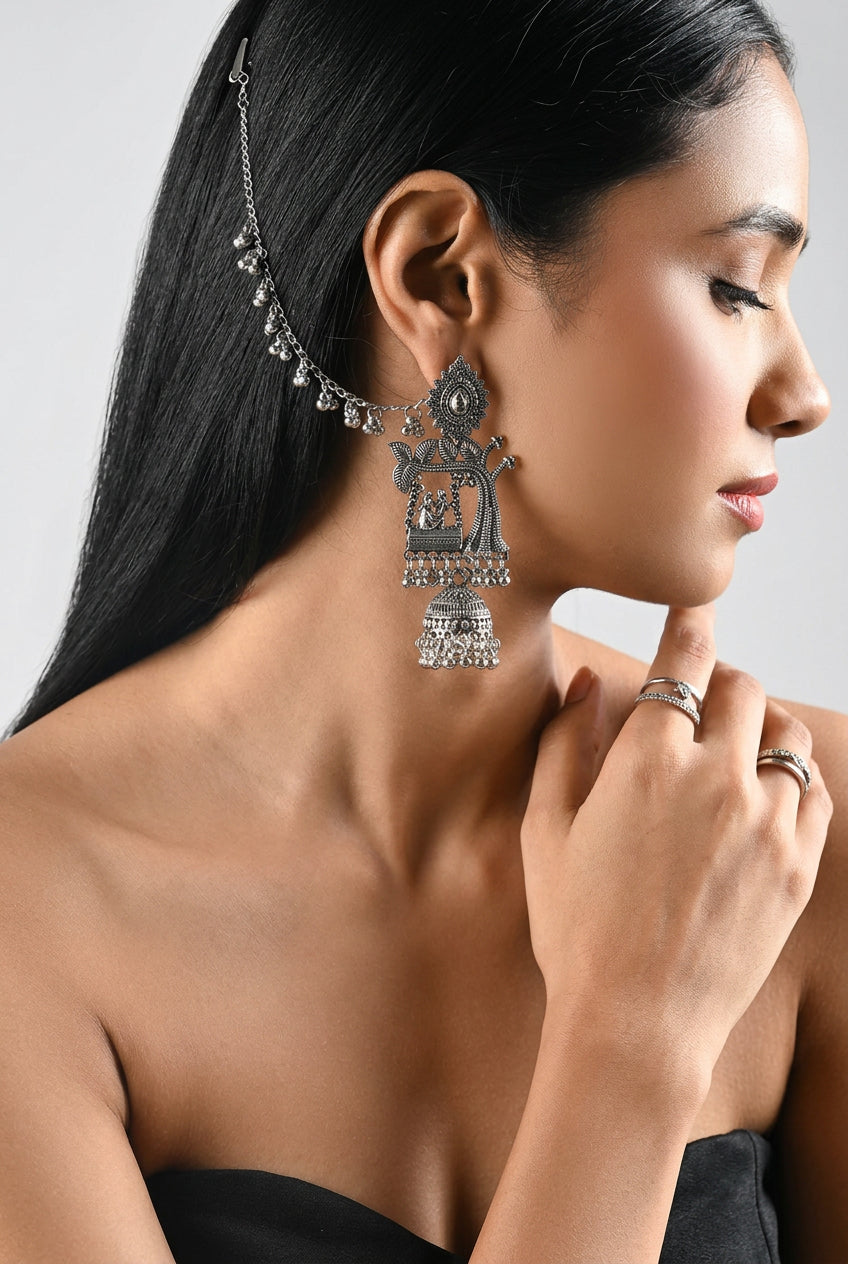 I Jewels Oxidised Jhumka Motif Earring with Ear Chain Silver