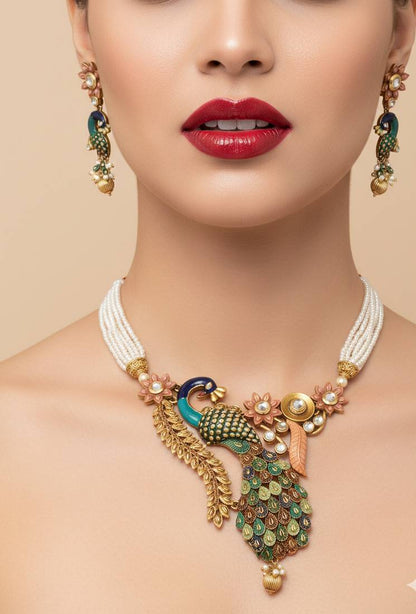 Jewel Studio Antique Peacock Handcrafted Pearl Necklace Set