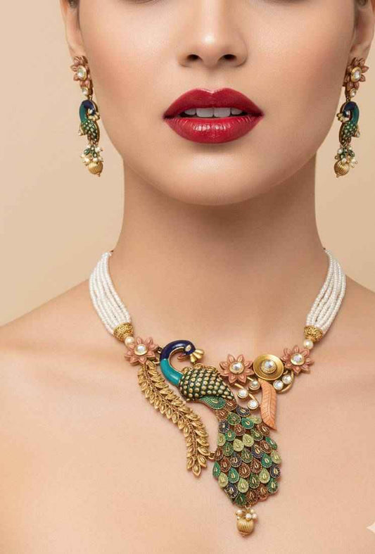 Jewel Studio Antique Peacock Handcrafted Pearl Necklace Set