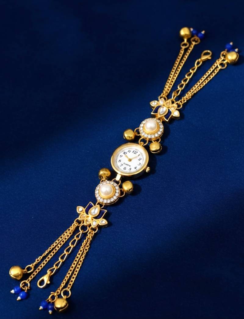 Aarna Gold Plated Pearl Stone Studded Wrist Watch Blue