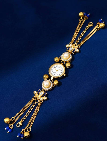 Aarna Gold Plated Pearl Stone Studded Wrist Watch Blue