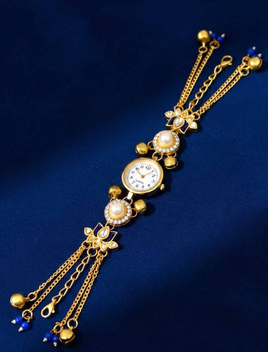 Aarna Gold Plated Pearl Stone Studded Wrist Watch Blue