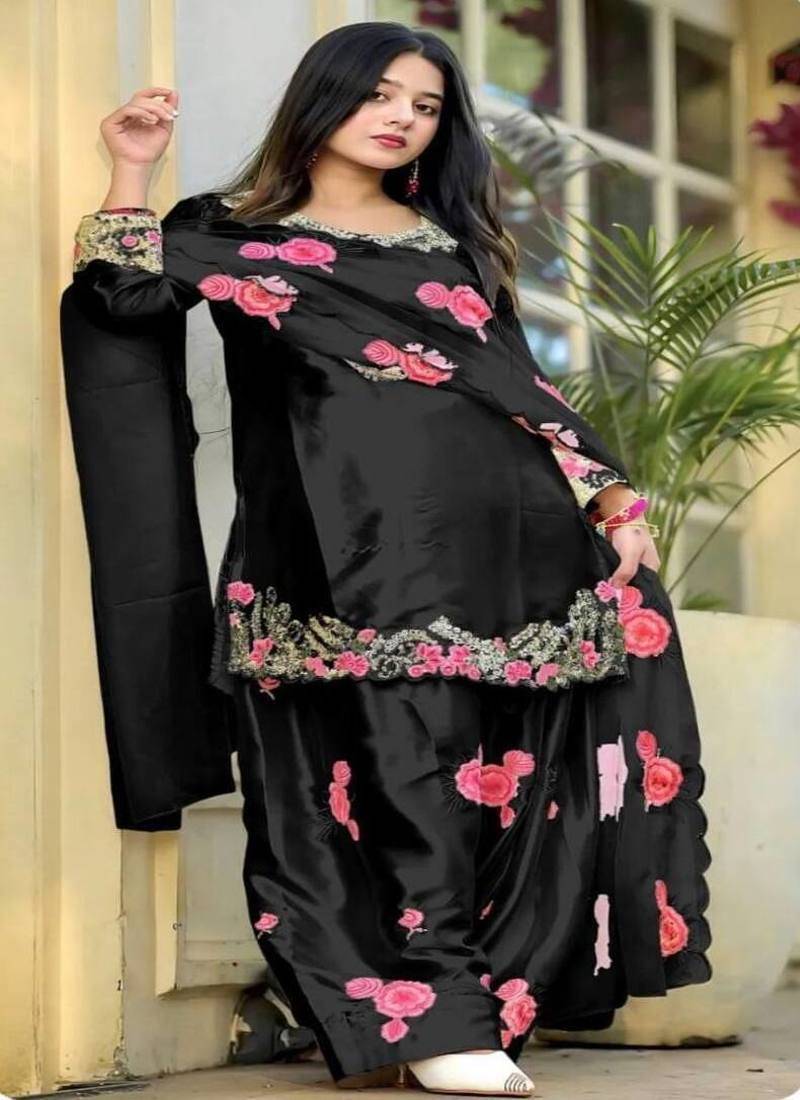 Women's Black Embroidered Japan Satin Farshi Salwar Suit Set