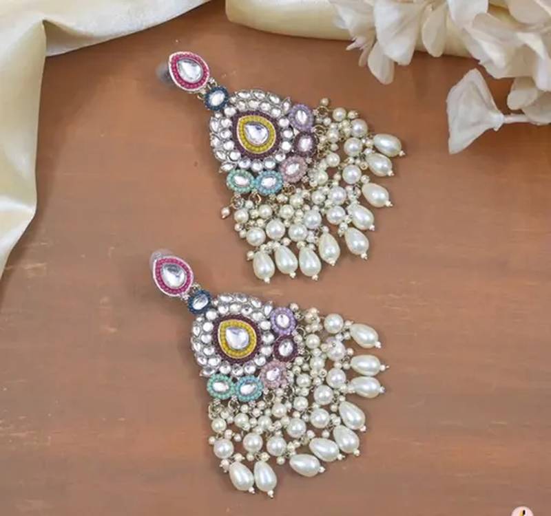 Jewel Studio Gold Plated Kundan Pearl Chandbali Earrings Multicolor