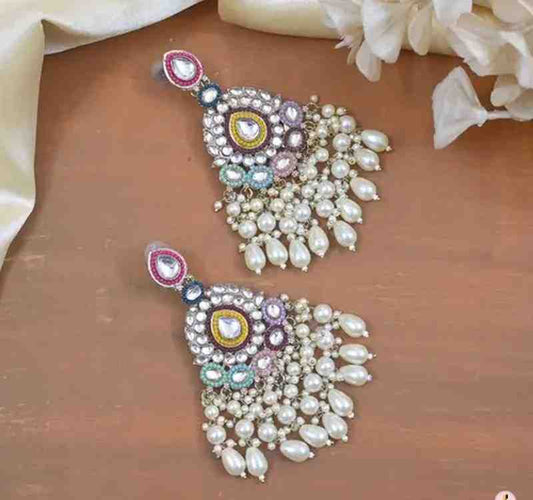 Gold Plated Kundan Pearl Chandbali Earrings Multicolor