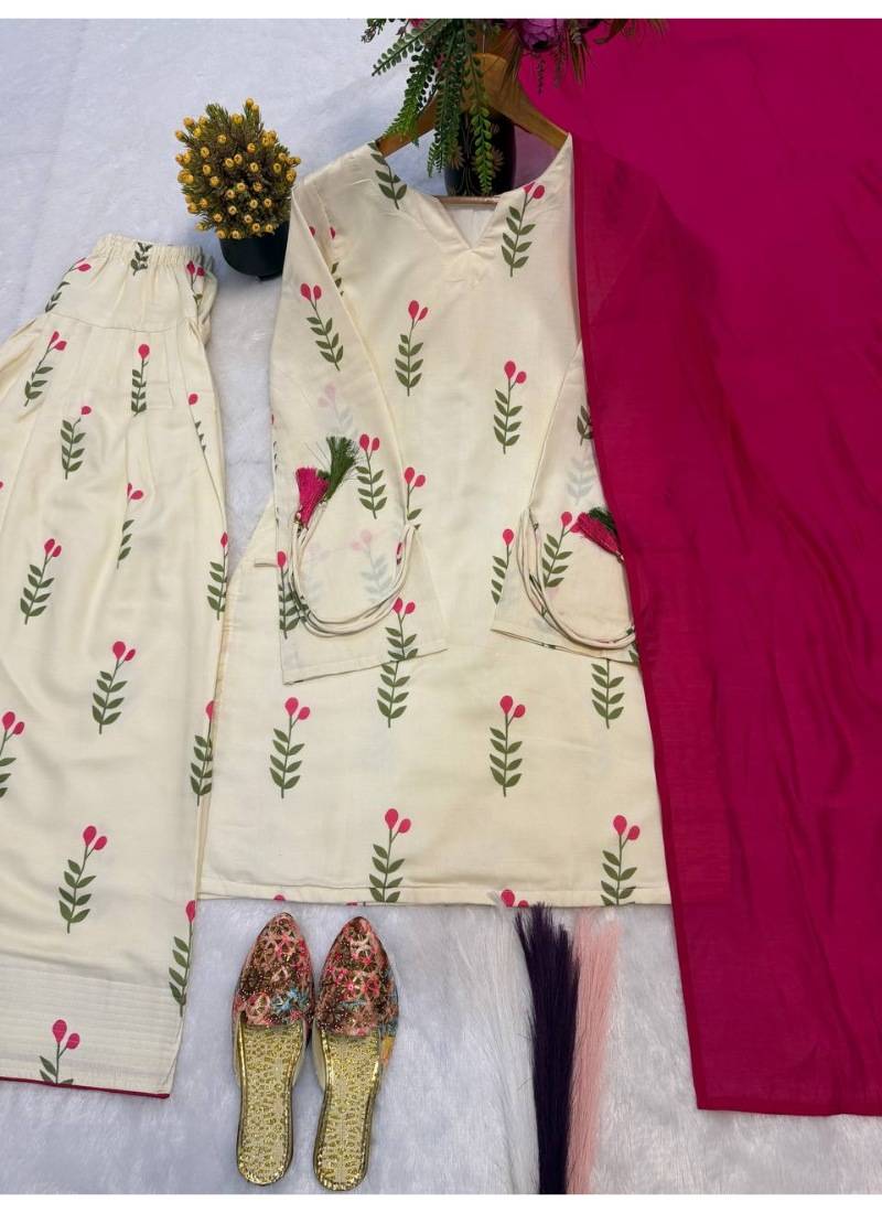 VOUAGER Cream Printed Cotton Farshi Salwar Suit Set