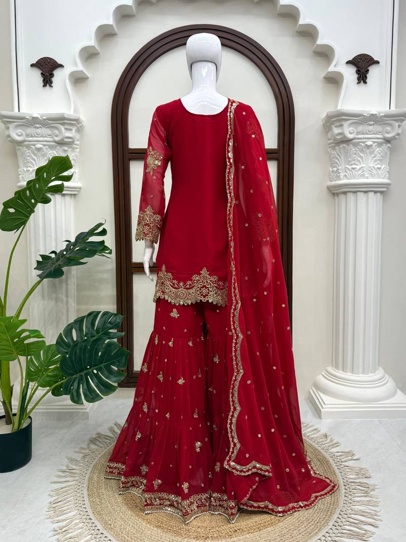 Women's Red Faux Georgette Embroidered Sharara Suit Set with Dupatta