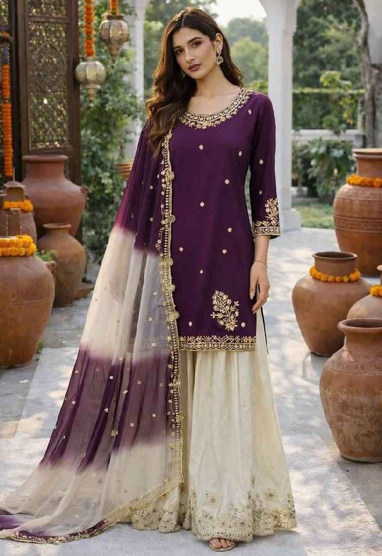 White & Purple Crepe Sharara Set