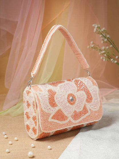 Women's Pink and Pearl White Floral Crystal Beaded Velvet Clutch