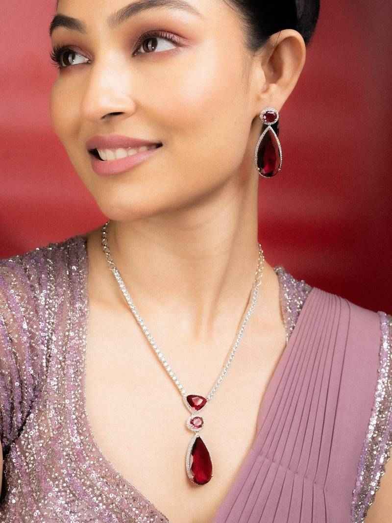 Sapphire Glow American Diamond Necklace Set Red