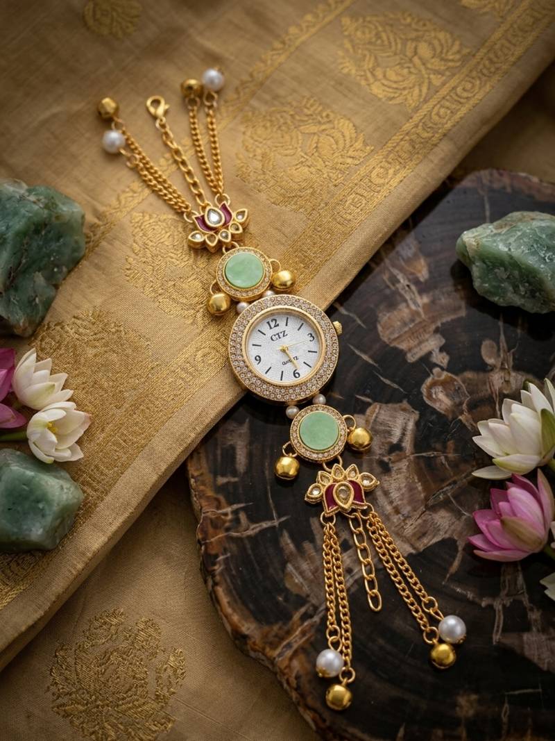 Aarna Gold Plated Pearl Stone Studded Wrist Watch Green