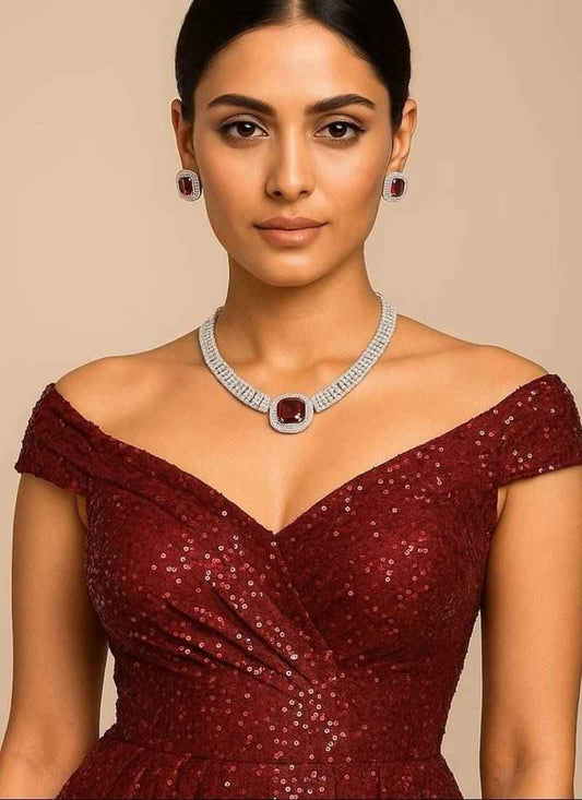 CZ Ruby Necklace & Earrings Set