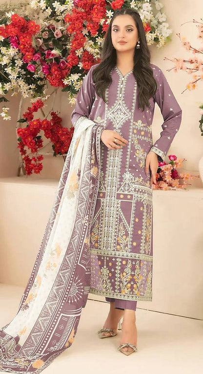 Women's Mauve Cotton Blend Embroidered Palazzo Salwar Suit Set