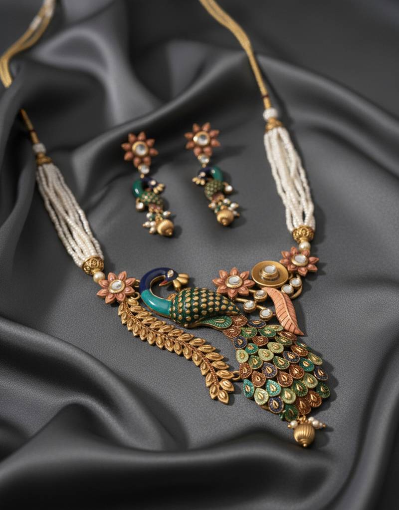 Jewel Studio Antique Peacock Handcrafted Pearl Necklace Set