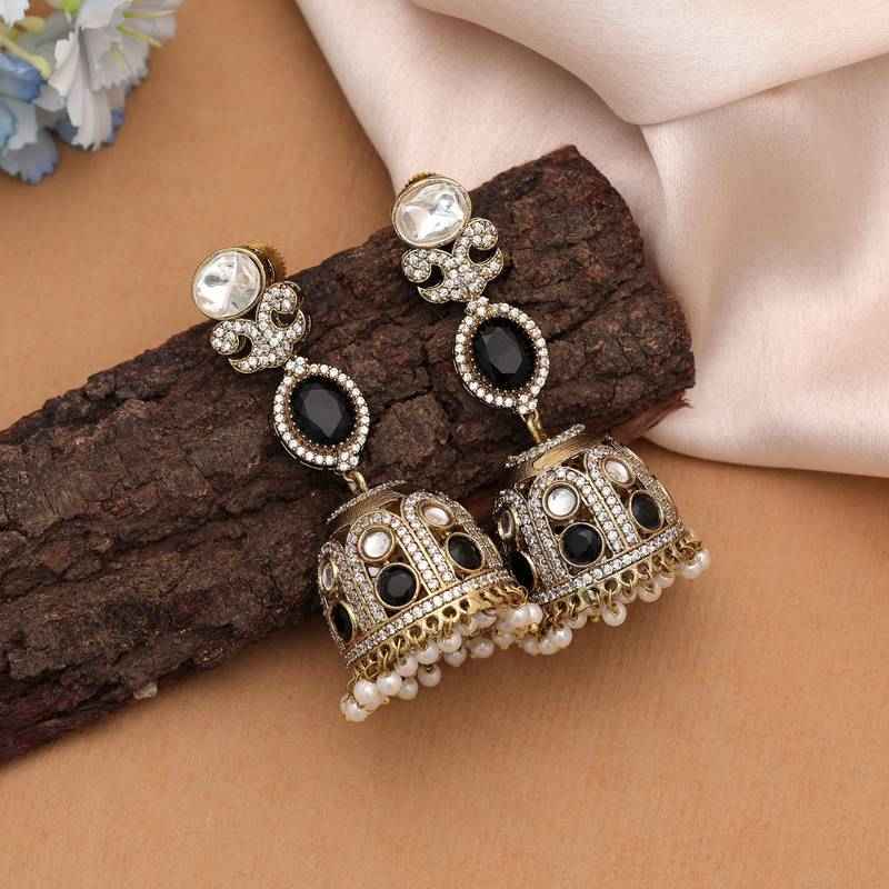 Black Color American Diamond Jhumka Earrings