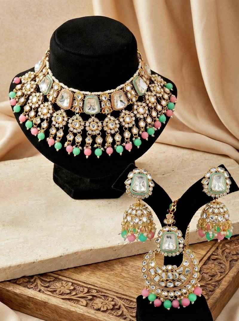 18 Kt Gold Plated Pink Mint Kundan Bridal Necklace Set with Tikka & Nath