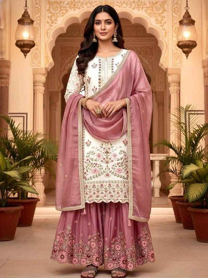 White & Pink Floral Embroidered Sharara Suit