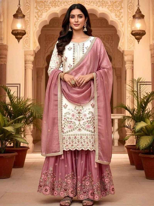 White & Pink Floral Embroidered Sharara Suit