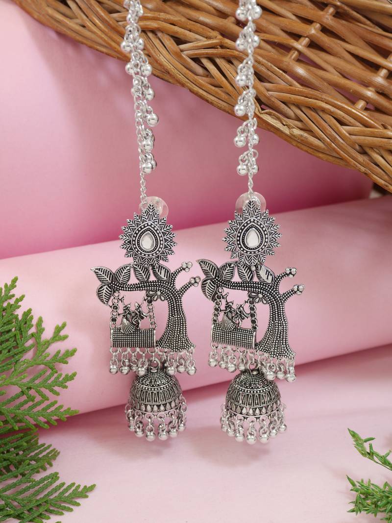 I Jewels Oxidised Jhumka Motif Earring with Ear Chain Silver
